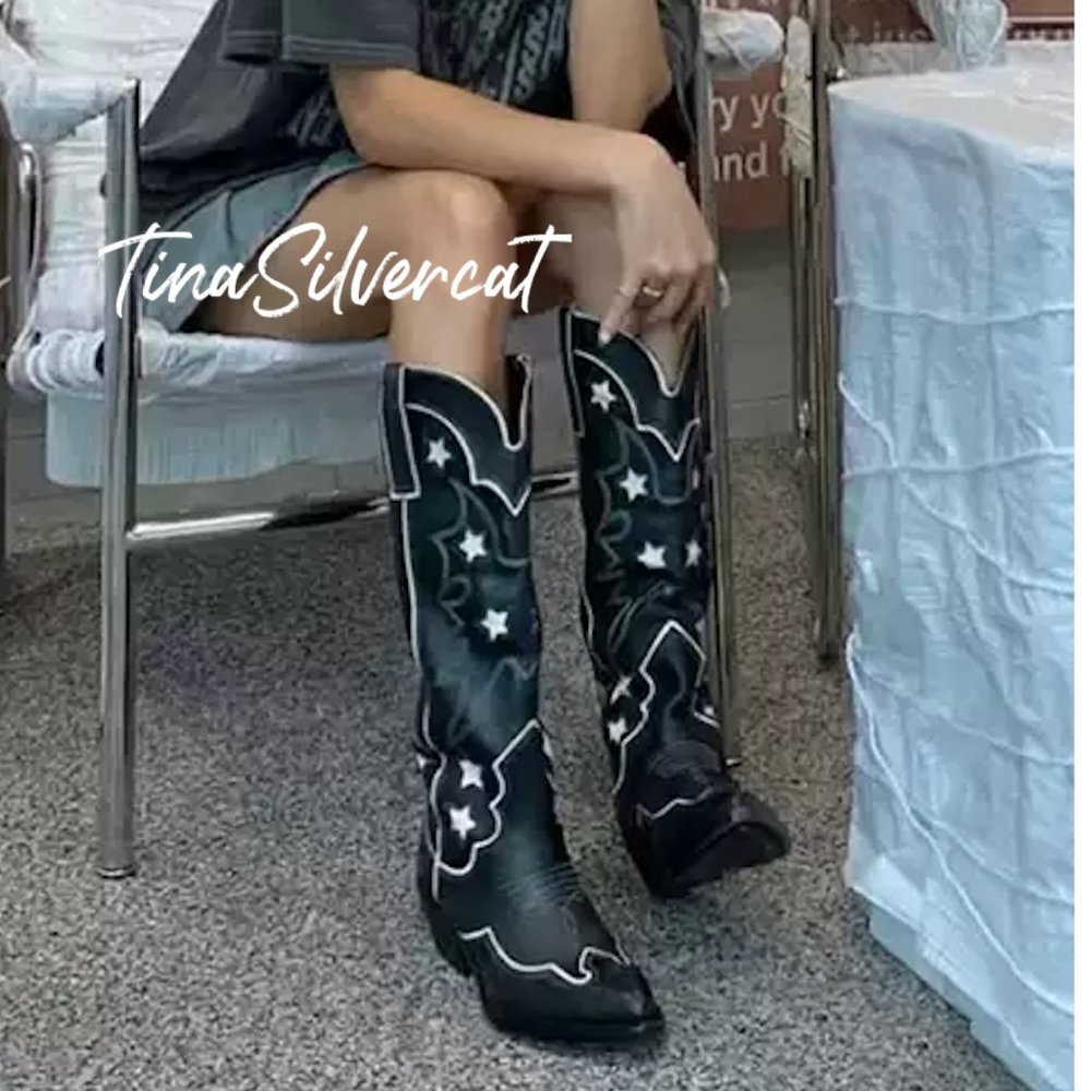 BLOGGER'S FAVE! Zara Star Leather Cowboy Boots NWT